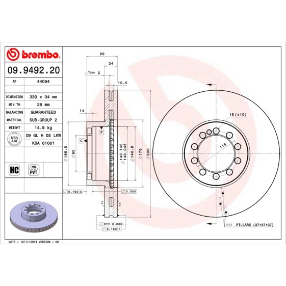 Слика на кочионен диск BREMBO 09.9492.20 за камион Renault Midlum 180.12 - 174 коњи дизел