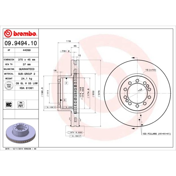 Слика на кочионен диск BREMBO 09.9494.10 за камион Renault Midlum 190.10 - 190 коњи дизел