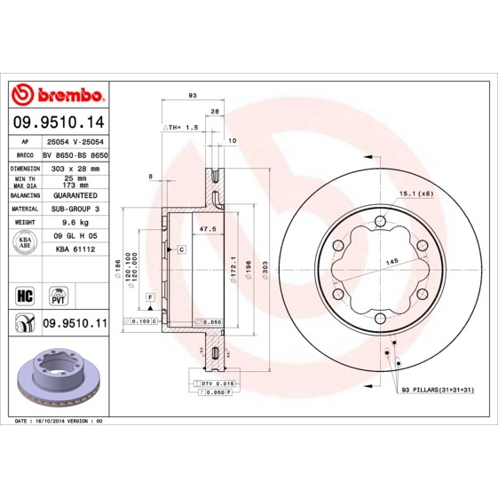 Слика на кочионен диск BREMBO 09.9510.14 за Mercedes Sprinter 4.6-t Platform (906) 411 CDI (906.153, 906.155, 906.253, 906.255) - 109 коњи дизел