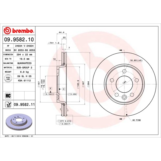 Слика на кочионен диск BREMBO 09.9582.10 за VW Transporter 6 Box (SGA, SGH) 2.0 TDI - 84 коњи дизел