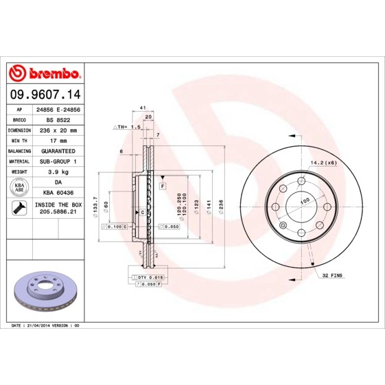 Слика на кочионен диск BREMBO 09.9607.14 за Opel Astra F Van 1.6 i - 71 коњи бензин