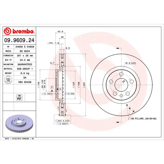 Слика на кочионен диск BREMBO 09.9609.24 за Citroen Synergie 22,U6 1.8 - 103 коњи бензин