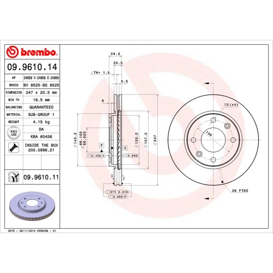 Слика на кочионен диск BREMBO 09.9610.14 за Peugeot 306 Saloon 1.6 SR - 89 коњи бензин