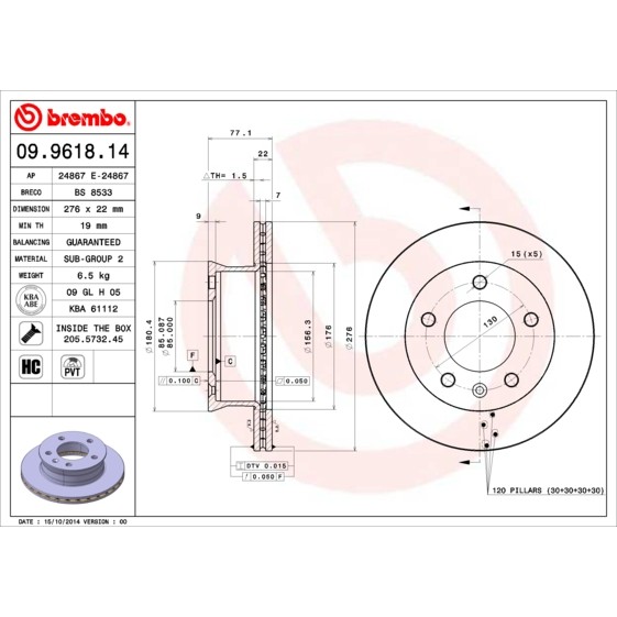 Слика на кочионен диск BREMBO 09.9618.14 за Mercedes Sprinter 2-t Platform (901,902) 210 D - 102 коњи дизел