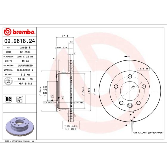 Слика на кочионен диск BREMBO 09.9618.24 за Mercedes Sprinter 3-t Platform (903) 311 CDI - 109 коњи дизел