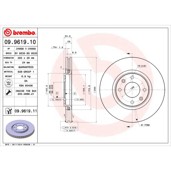 Слика на кочионен диск BREMBO 09.9619.10 за Citroen C5 RE Break 1.8 16V (RE6FZB) - 116 коњи бензин