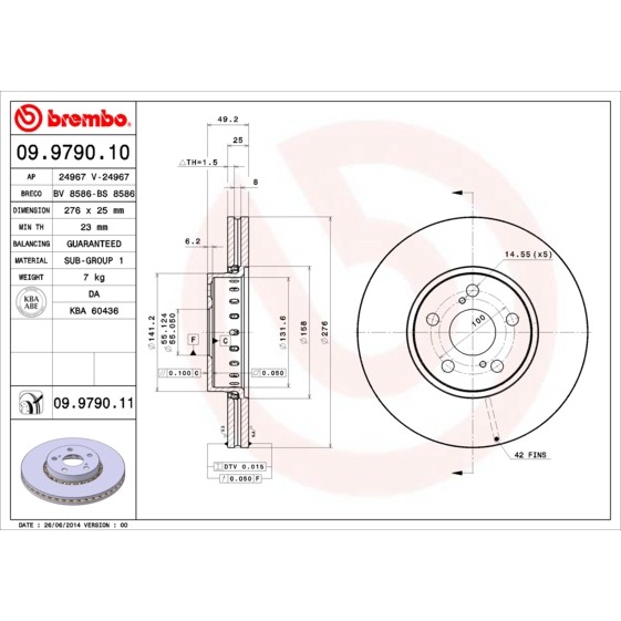 Слика на кочионен диск BREMBO 09.9790.10 за Toyota Avensis Liftback (T22) 1.6 VVT-i - 110 коњи бензин