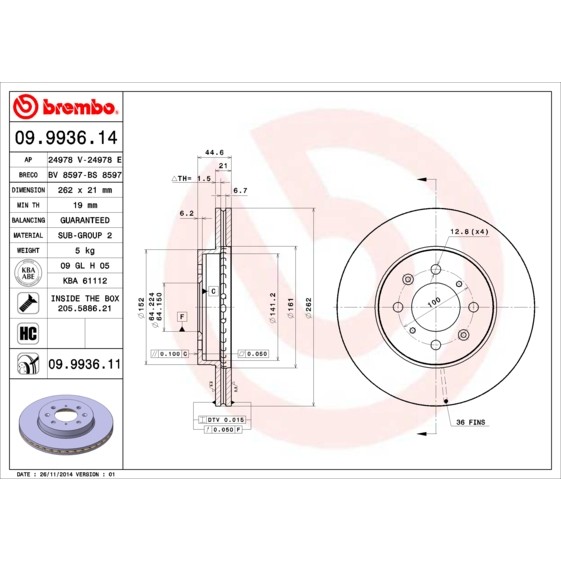 Слика на Кочионен диск BREMBO 09.9936.14