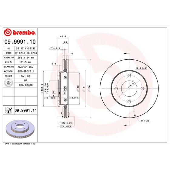 Слика на кочионен диск BREMBO 09.9991.10 за Smart Forfour (454) 1.5 (454.032) - 109 коњи бензин