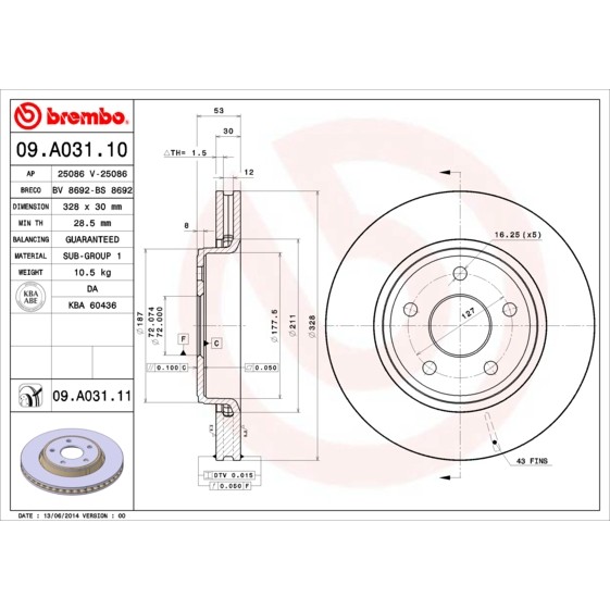 Слика на кочионен диск BREMBO 09.A031.10 за Jeep Commander 3.7 V6 4x4 - 214 коњи бензин