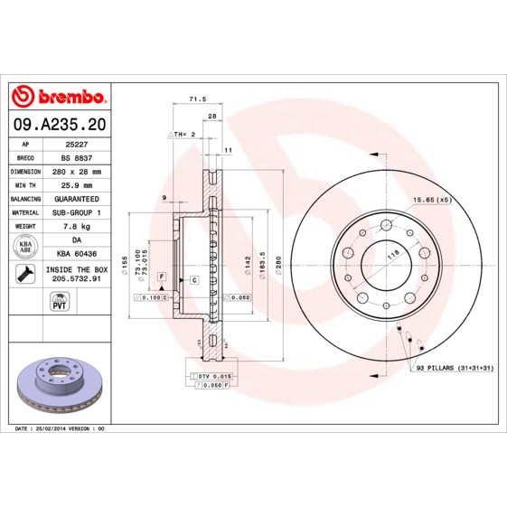 Слика на кочионен диск BREMBO 09.A235.20 за Fiat Ducato Platform 250 160 Multijet 3,0 D - 158 коњи дизел