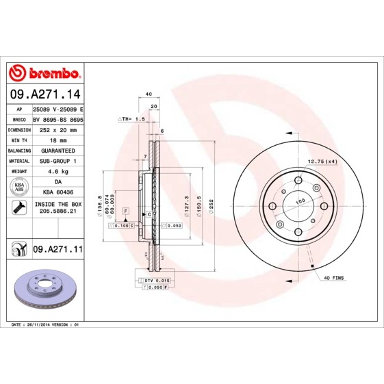 Слика на кочионен диск BREMBO 09.A271.14 за Opel Agila (H08) 1.3 CDTI - 75 коњи дизел