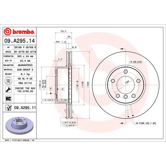 Слика на кочионен диск BREMBO 09.A295.14 за BMW 3 Touring E91 320 d - 163 коњи дизел