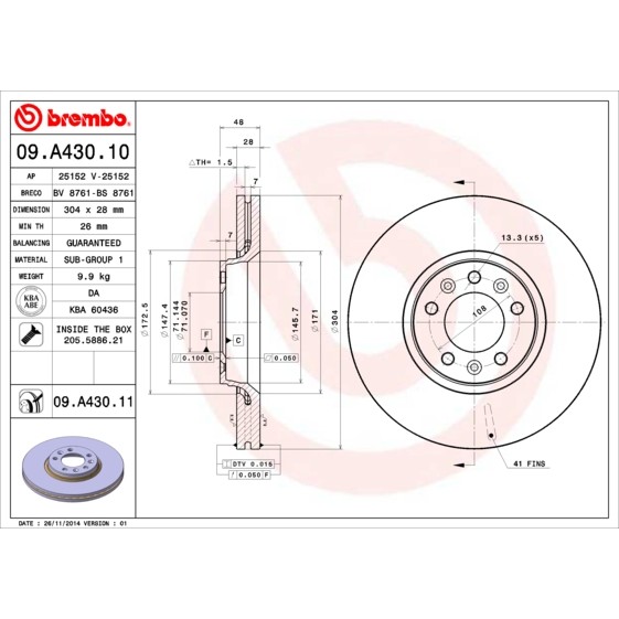 Слика на кочионен диск BREMBO 09.A430.10 за Fiat Scudo 270 2.0 D Multijet 4x4 - 120 коњи дизел