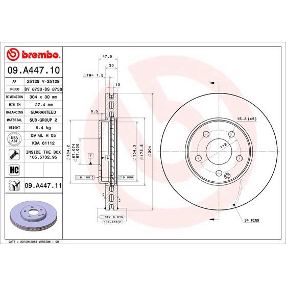 Слика на кочионен диск BREMBO 09.A447.10 за Mercedes E-class Saloon (w211) E 320 CDI 4-matic - 224 коњи дизел