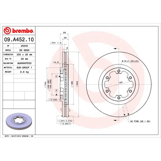 Слика на кочионен диск BREMBO 09.A452.10 за Infiniti QX4 5.6 4WD - 320 коњи бензин