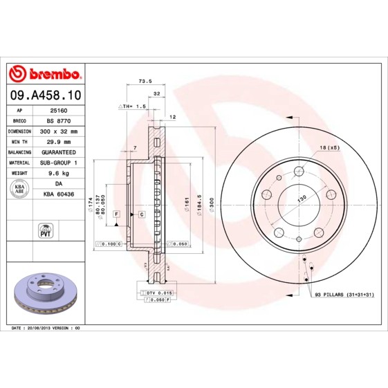 Слика на кочионен диск BREMBO 09.A458.10 за Fiat Ducato BUS 250 130 Multijet 2,3 D - 131 коњи дизел