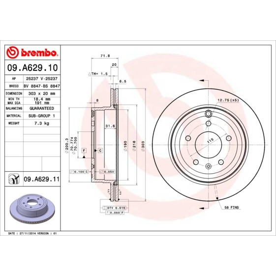 Слика на кочионен диск BREMBO 09.A629.10 за CHEVROLET CAPTIVA C100,C140 2.0 D 4WD - 150 коњи дизел