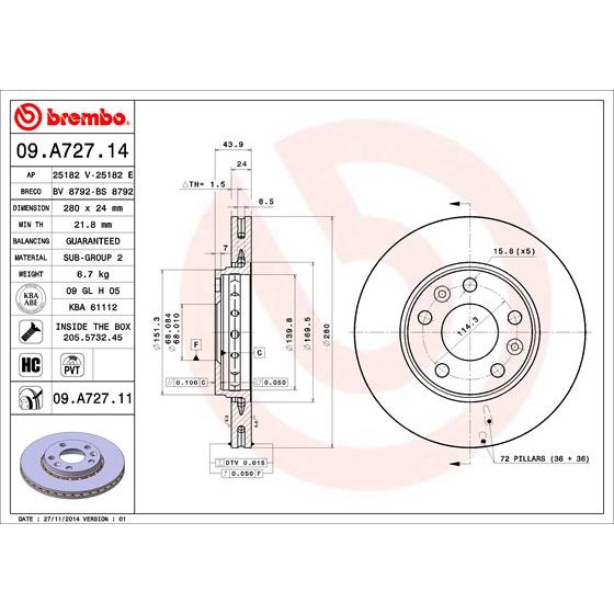 Слика на кочионен диск BREMBO 09.A727.14 за Renault Megane 3 Coupe 1.5 dCi (DZ0A) - 86 коњи дизел