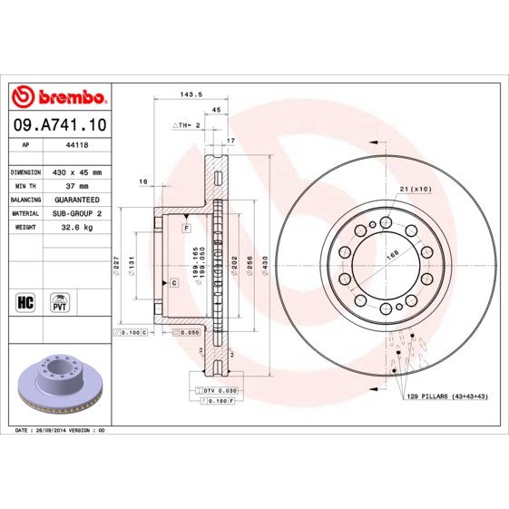 Слика на кочионен диск BREMBO 09.A741.10 за камион Mercedes Actros 1996 2050 AS - 503 коњи дизел