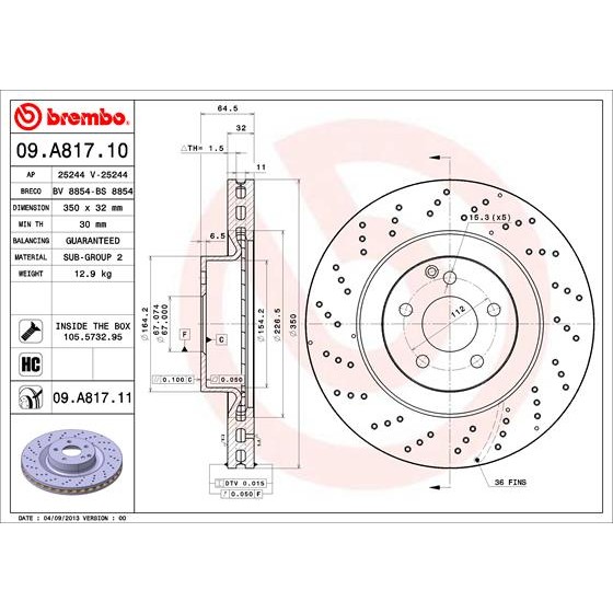 Слика на кочионен диск BREMBO 09.A817.10 за Mercedes S-class Saloon (w221) S 550 (221.086, 221.186) - 388 коњи бензин