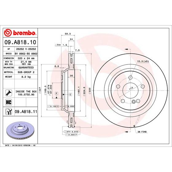 Слика на кочионен диск BREMBO 09.A818.10 за Mercedes S-class Saloon (w221) S 320 CDI - 211 коњи дизел