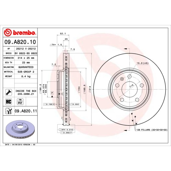 Слика на кочионен диск BREMBO 09.A820.10 за Audi A4 Avant (8K5, B8) 1.8 TFSI - 170 коњи бензин