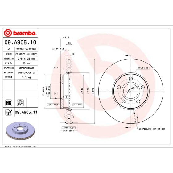 Слика на кочионен диск BREMBO 09.A905.10 за Volvo C30 Electric - 112 коњи електро