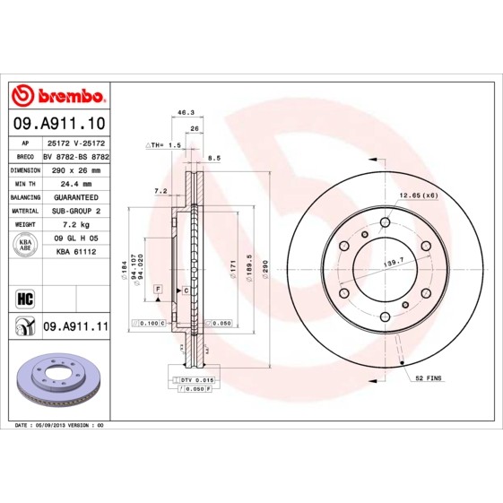 Слика на кочионен диск BREMBO 09.A911.10 за Mitsubishi Montero 4 (V80,V90) 3.2 DI-D 4x4 - 190 коњи дизел