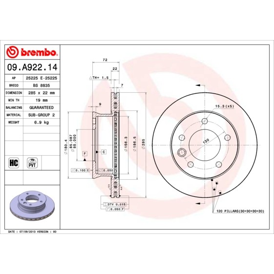 Слика на кочионен диск BREMBO 09.A922.14 за Mercedes Sprinter 3-t Platform (903) 311 CDI - 109 коњи дизел