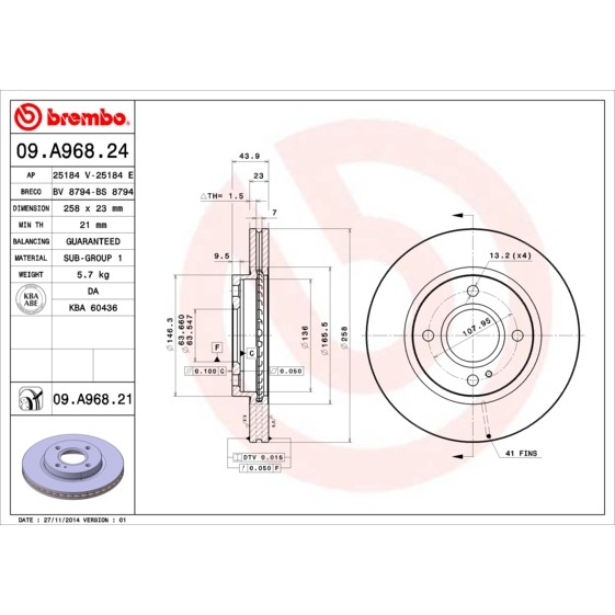 Слика на кочионен диск BREMBO 09.A968.24 за Ford Fiesta 6 1.6 Ti - 120 коњи бензин