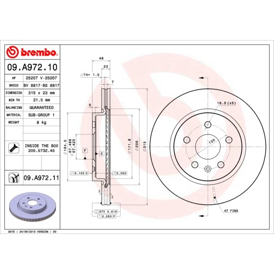 Слика на кочионен диск BREMBO 09.A972.10 за Opel Insignia Saloon 2.0 Turbo - 220 коњи бензин