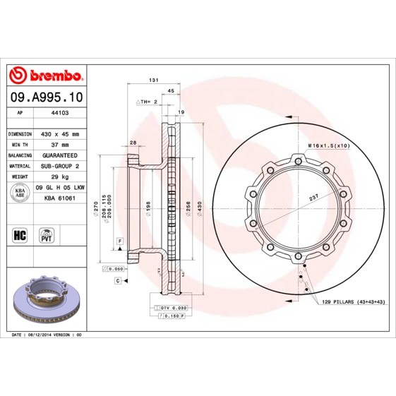 Слика на кочионен диск BREMBO 09.A995.10 за камион Scania 4 Series 114 C/380 - 379 коњи дизел