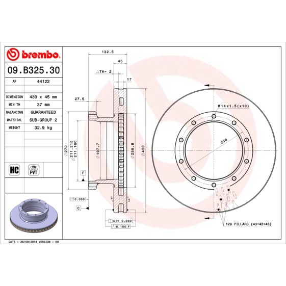 Слика на кочионен диск BREMBO 09.B325.30 за камион Mercedes Actros MP2, MP3 3241 L - 408 коњи дизел