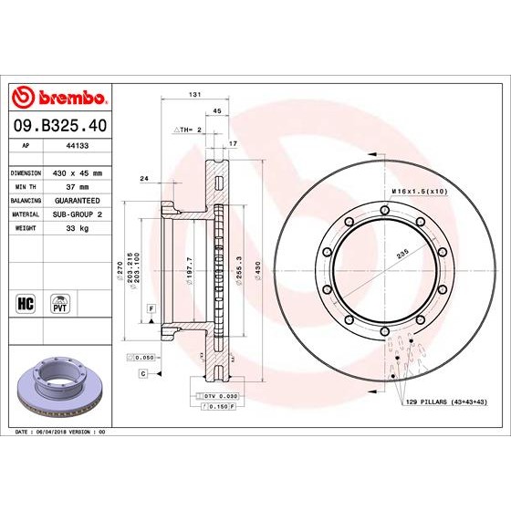 Слика на кочионен диск BREMBO 09.B325.40 за камион Setra Series 400 ComfortClass S 415 GT, GT-HD - 354 коњи дизел