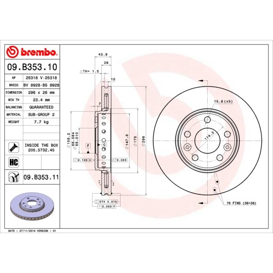 Слика на кочионен диск BREMBO 09.B353.10 за Renault Megane 3 Coupe 2.0 dCi (DZ0Y) - 150 коњи дизел