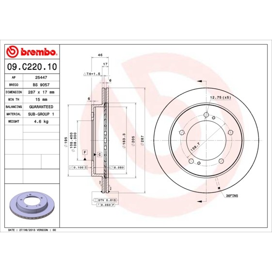 Слика на Кочионен диск BREMBO 09.C220.10