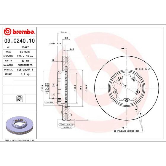 Слика на кочионен диск BREMBO 09.C240.10 за Ford Transit Bus 2014 2.2 TDCi - 100 коњи дизел