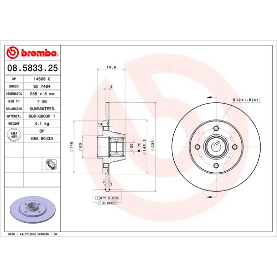 Слика на кочионен диск BREMBO BEARING DISC LINE 08.5833.25 за Renault Clio 2 1.2 16V (BB05, BB0W, BB11, BB27, BB2T, BB2U, BB2V, CB05...) - 75 коњи бензин