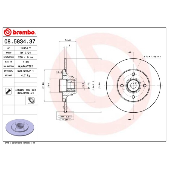 Слика на кочионен диск BREMBO BEARING DISC LINE 08.5834.37 за Renault Clio 2 1.2 16V (BB05, BB0W, BB11, BB27, BB2T, BB2U, BB2V, CB05...) - 75 коњи бензин