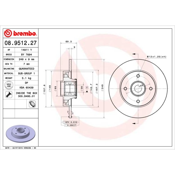 Слика на кочионен диск BREMBO BEARING DISC LINE 08.9512.27 за Peugeot 208 1.2 THP - 110 коњи бензин