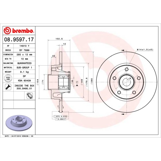 Слика на кочионен диск BREMBO BEARING DISC LINE 08.9597.17 за Renault Trafic 2 Bus (JL) 2.0 dCi 115 (JL0H) - 114 коњи дизел