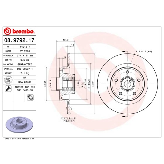 Слика на кочионен диск BREMBO BEARING DISC LINE 08.9792.17 за Renault Laguna 2 Grandtour (KG0-1) 1.8 16V - 121 коњи бензин