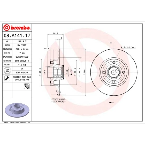 Слика на кочионен диск BREMBO BEARING DISC LINE 08.A141.17 за Renault Megane 2 Saloon 1.5 dCi - 106 коњи дизел