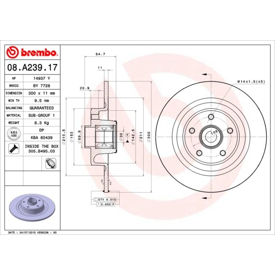 Слика на кочионен диск BREMBO BEARING DISC LINE 08.A239.17 за Renault Espace 4 (JK0) 2.0 dCi (JK03, JK04) - 173 коњи дизел