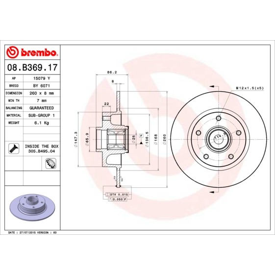 Слика на кочионен диск BREMBO BEARING DISC LINE 08.B369.17 за Renault Megane 3 Coupe 1.5 dCi (DZ0A) - 86 коњи дизел