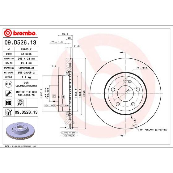 Слика на кочионен диск BREMBO CO-CAST DISCS LINE 09.D526.13 за Mercedes C-Class Coupe (C205) C 220 d (205.304) - 163 коњи дизел