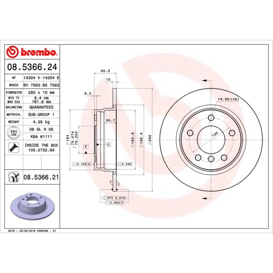 Слика на кочионен диск BREMBO COATED DISC LINE 08.5366.21 за BMW 3 Coupe E36 325 i - 192 коњи бензин