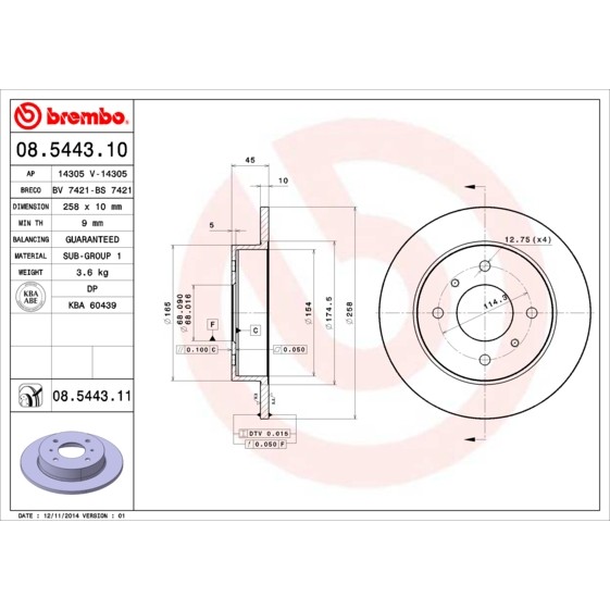 Слика на кочионен диск BREMBO COATED DISC LINE 08.5443.11 за Nissan Almera (N16) 1.5 - 98 коњи бензин