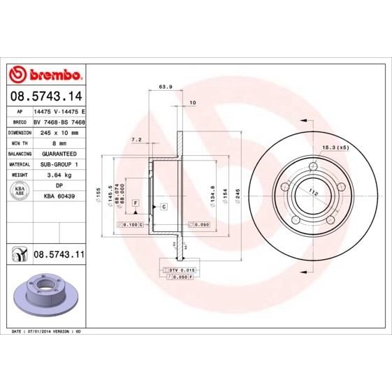 Слика на кочионен диск BREMBO COATED DISC LINE 08.5743.11 за Audi A6 Avant (4B, C5) 2.8 - 193 коњи бензин